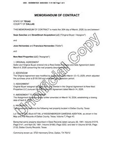 Recorded memorandum of contract, Dallas County, TX